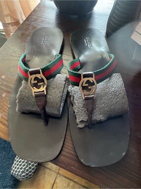 Gucci Women Black Leather Sandals with Green & Red Web Stripe and Gold Logo
